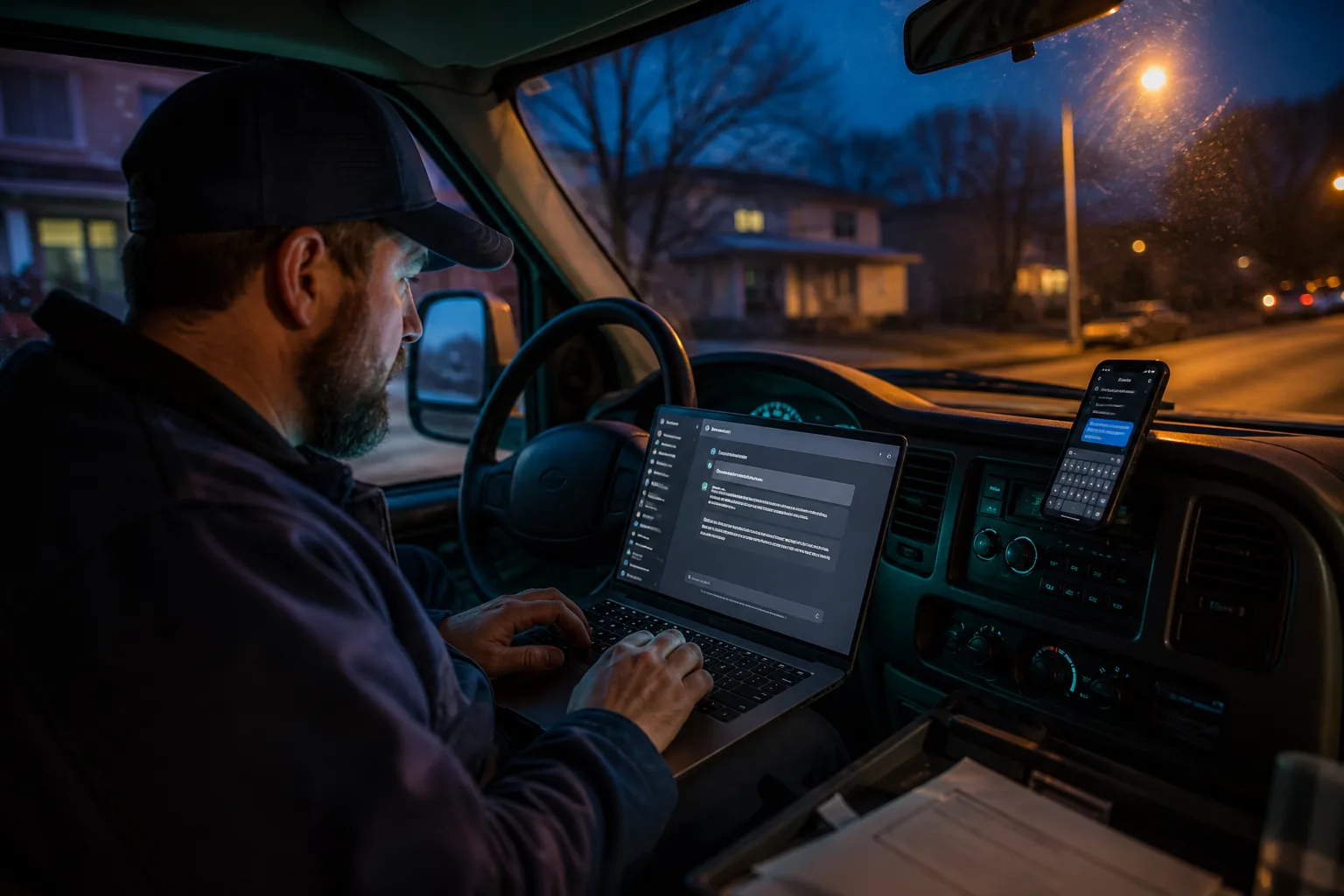 Service-business owner drafting AI copy on a laptop in a work van while an unanswered customer inquiry sits on the phone beside him