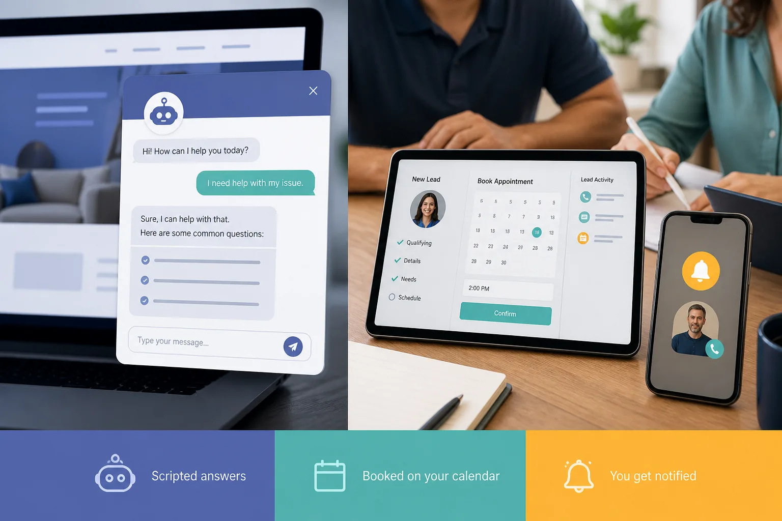 Split scene of a scripted website chatbot versus a service-business desk where a tablet qualifies a lead and a phone alerts the owner