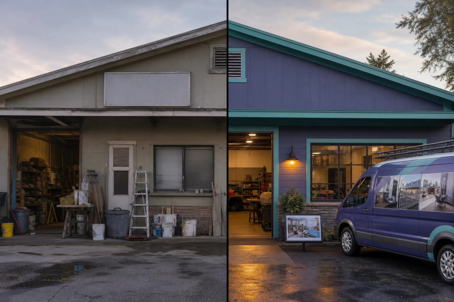 Split view of the same trade shop: a generic forgettable storefront versus a specific, professional specialty storefront