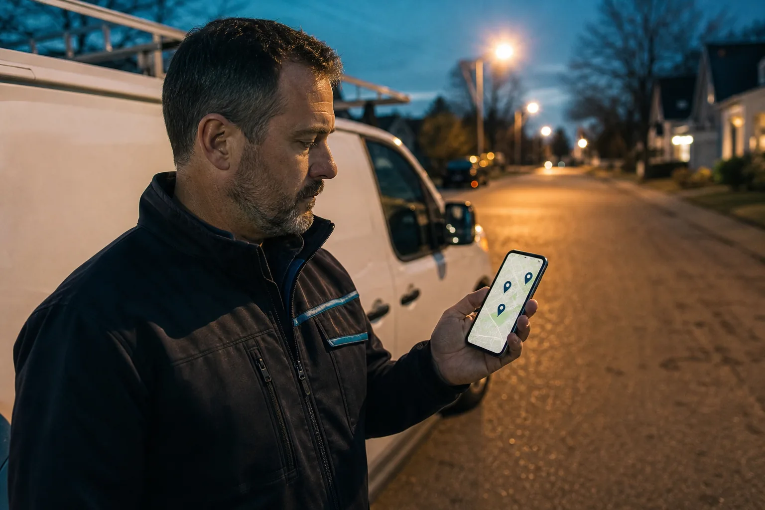 Service-business owner standing beside a work van at dusk, checking a phone map where nearby competitors appear and his own listing does not