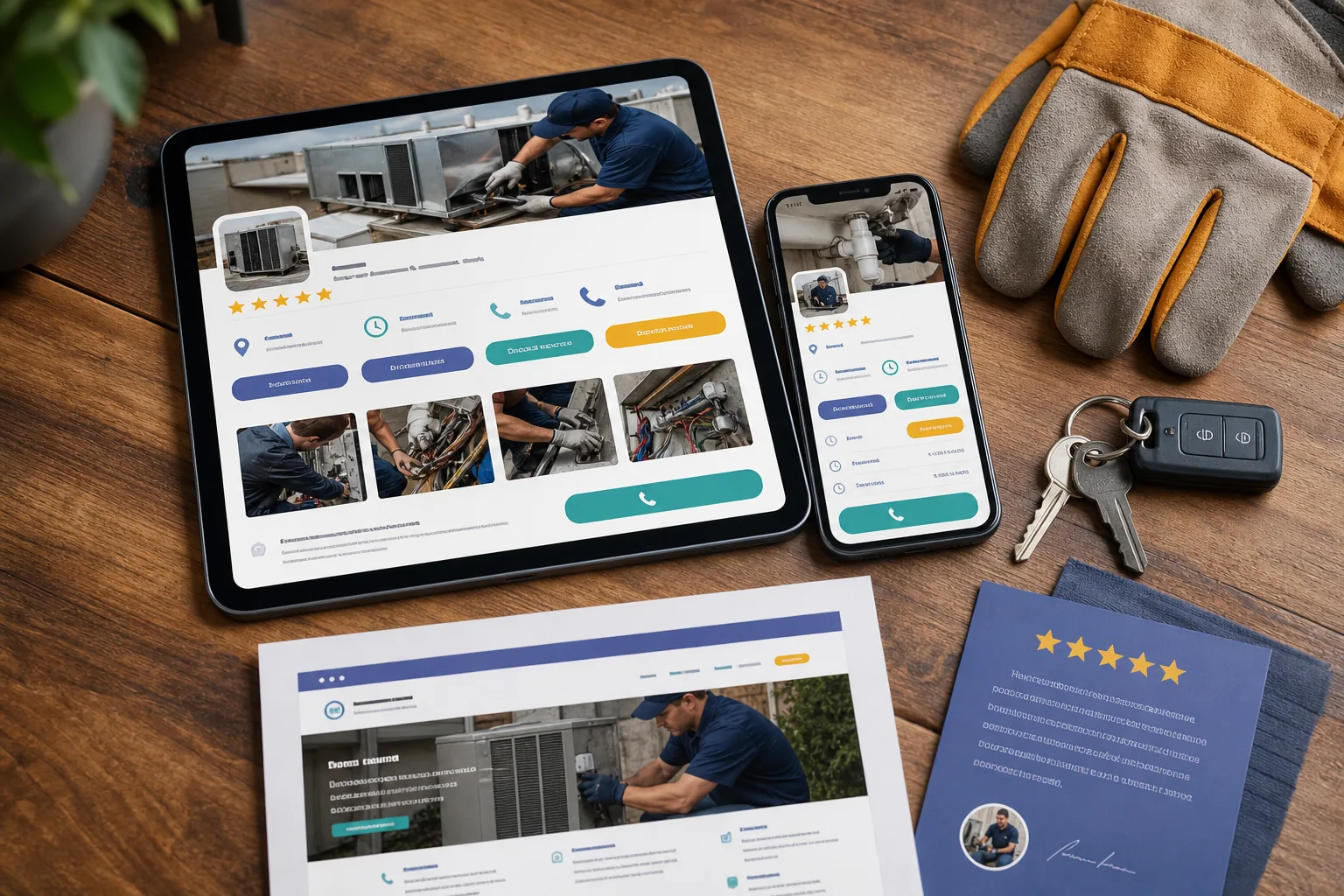 Overhead desk with a tablet showing a complete local business listing, job photos, review stars, and a call button beside work gloves and van keys