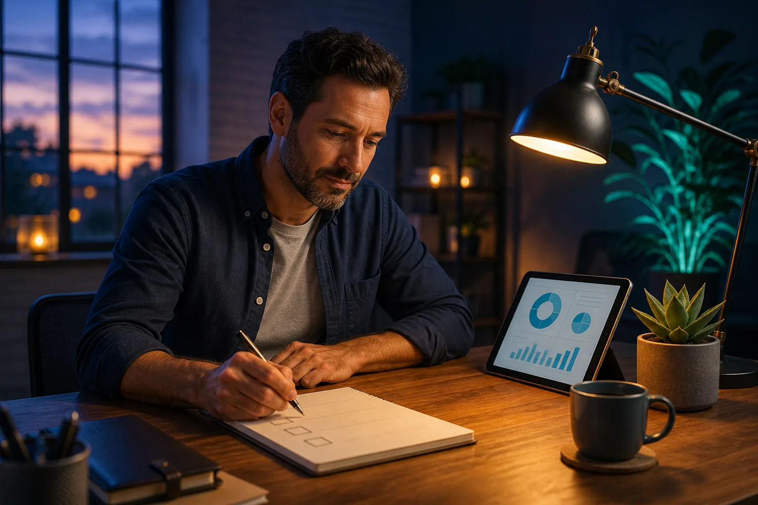Service-business owner at a desk reviewing last month’s inquiries and follow-up times to diagnose whether marketing has a traffic, trust, or follow-up problem