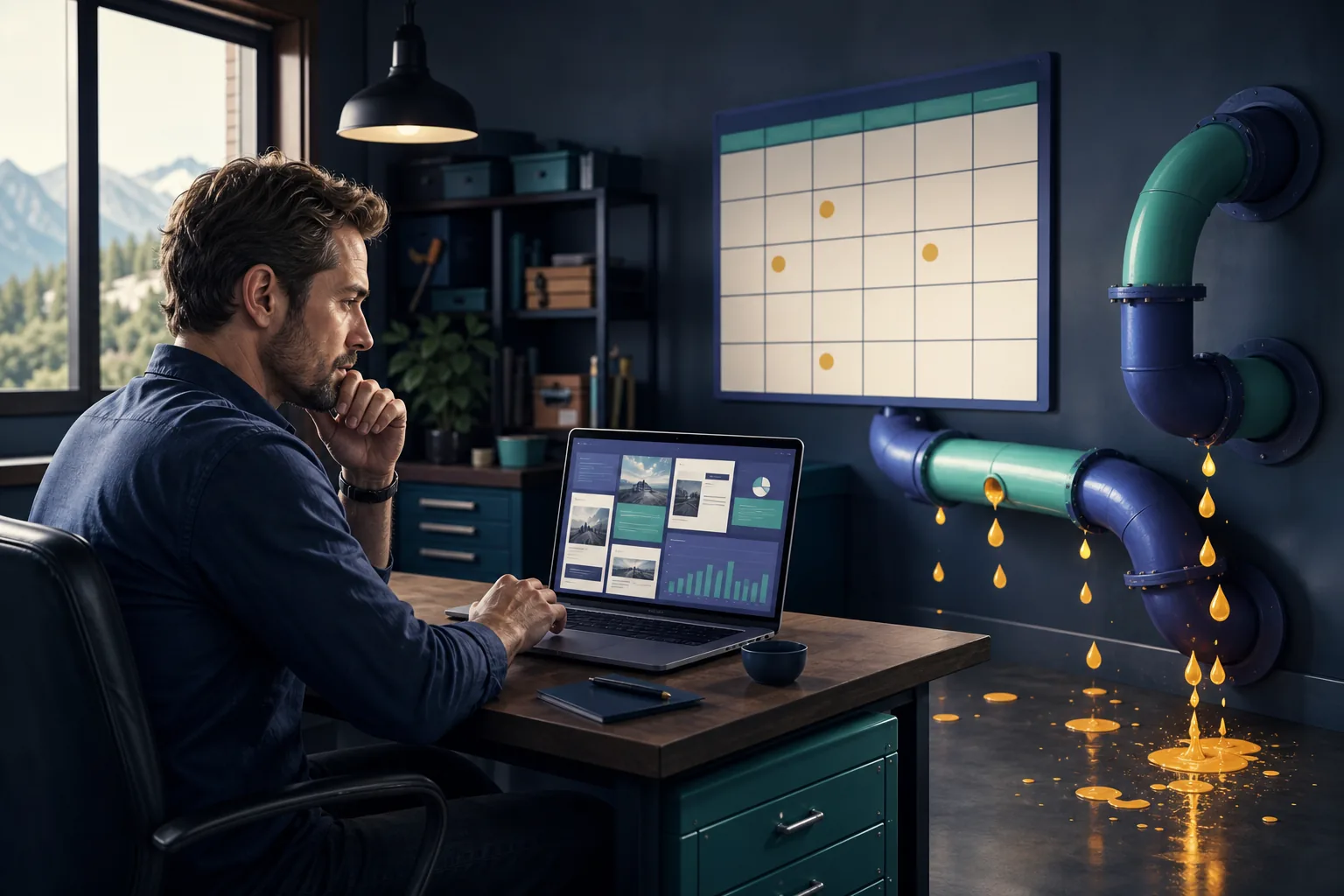 Service-business owner reviewing a busy marketing dashboard while a leaky pipeline of leads fails to turn into booked jobs