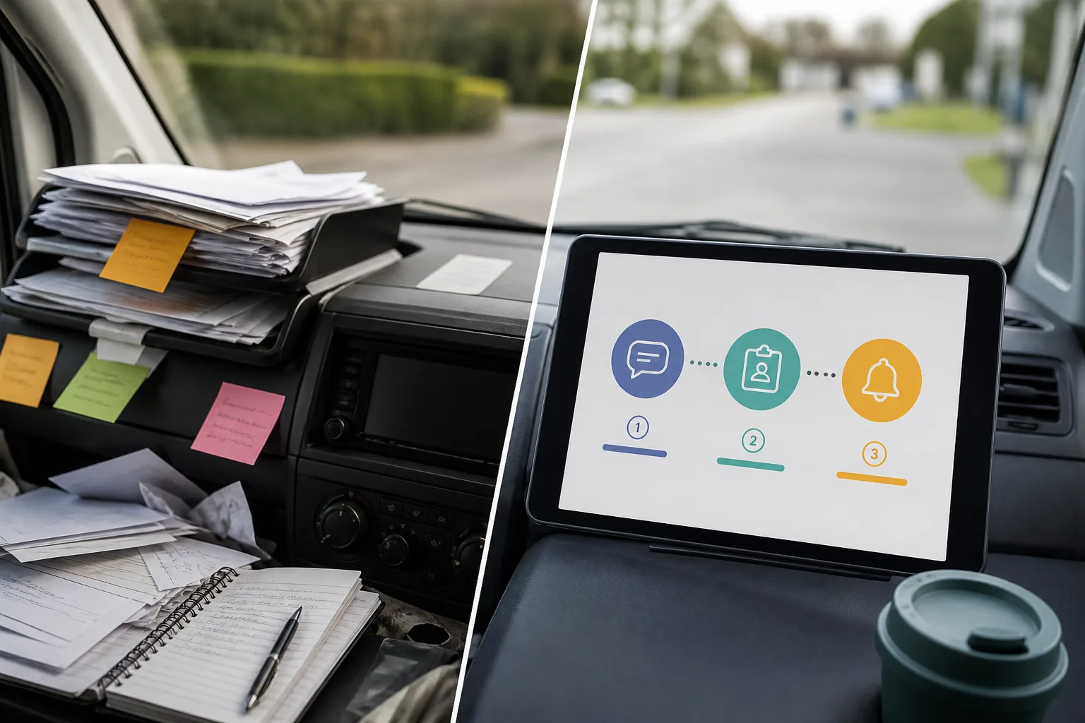 Split scene of a messy van dashboard covered in paper notes versus a tablet showing a simple three-step follow-up: auto text, logged lead, owner alert