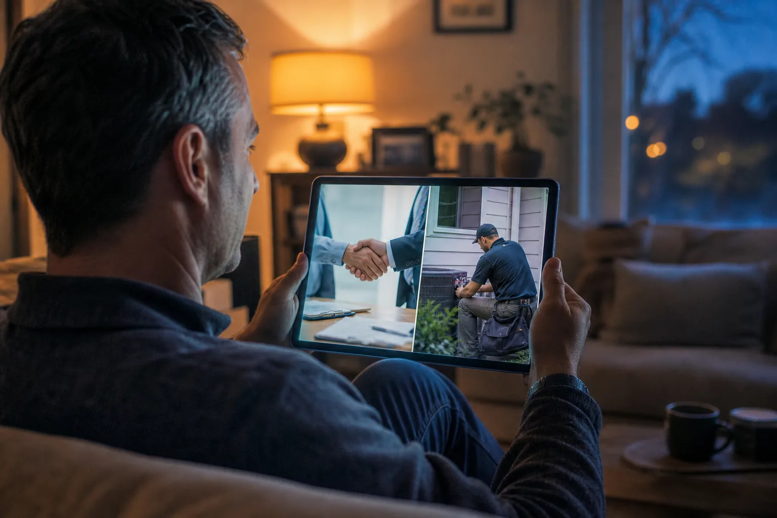 Homeowner on a sofa comparing two contractor websites on a tablet — a generic handshake photo versus a real technician at a real house