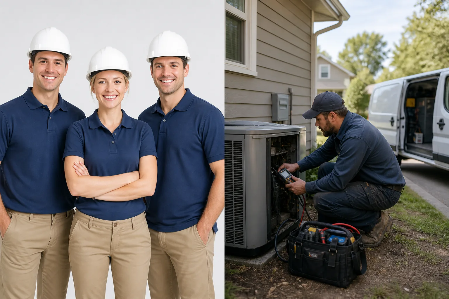 Split scene of posed models in unused hard hats versus a real technician working at a lived-in suburban house with a work van in the driveway