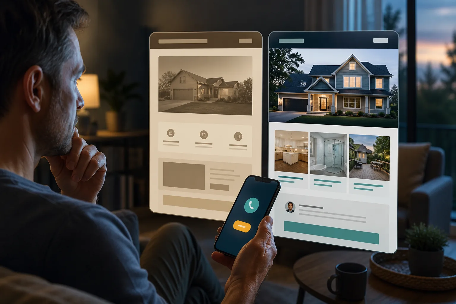 Homeowner comparing two similar local contractor websites on a phone and hesitating before tapping call