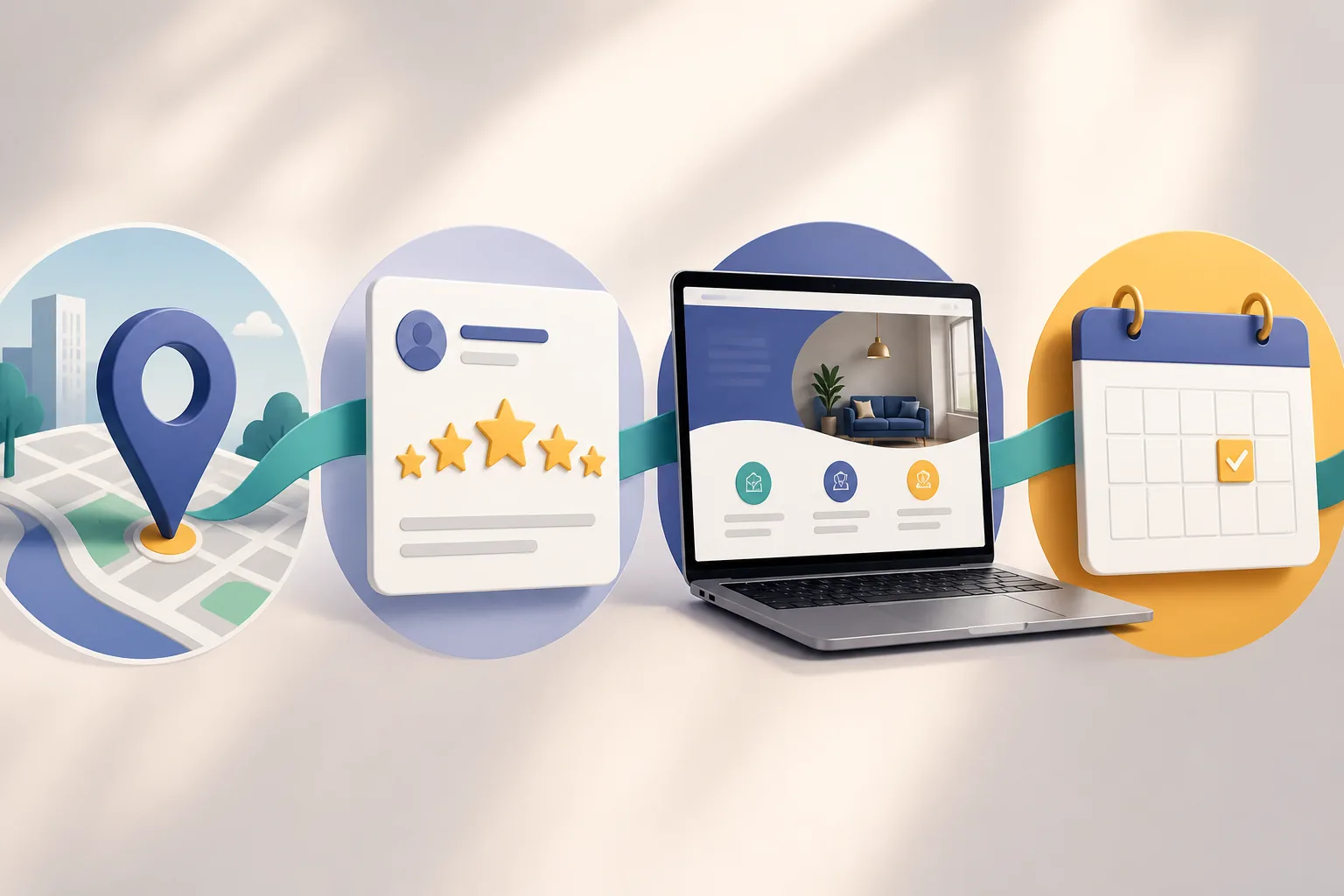 Customer journey from a map pin and reviews to a clear branded website and a booked appointment on a calendar