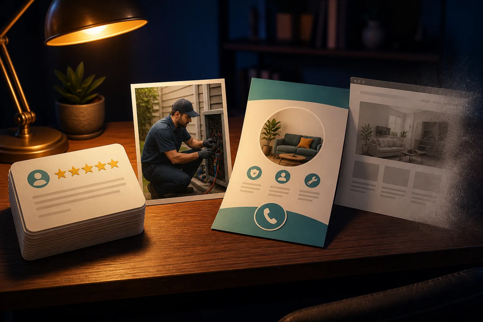 Desk still life of real job photos, review cards, and a simple call-to-action page replacing a generic stock website