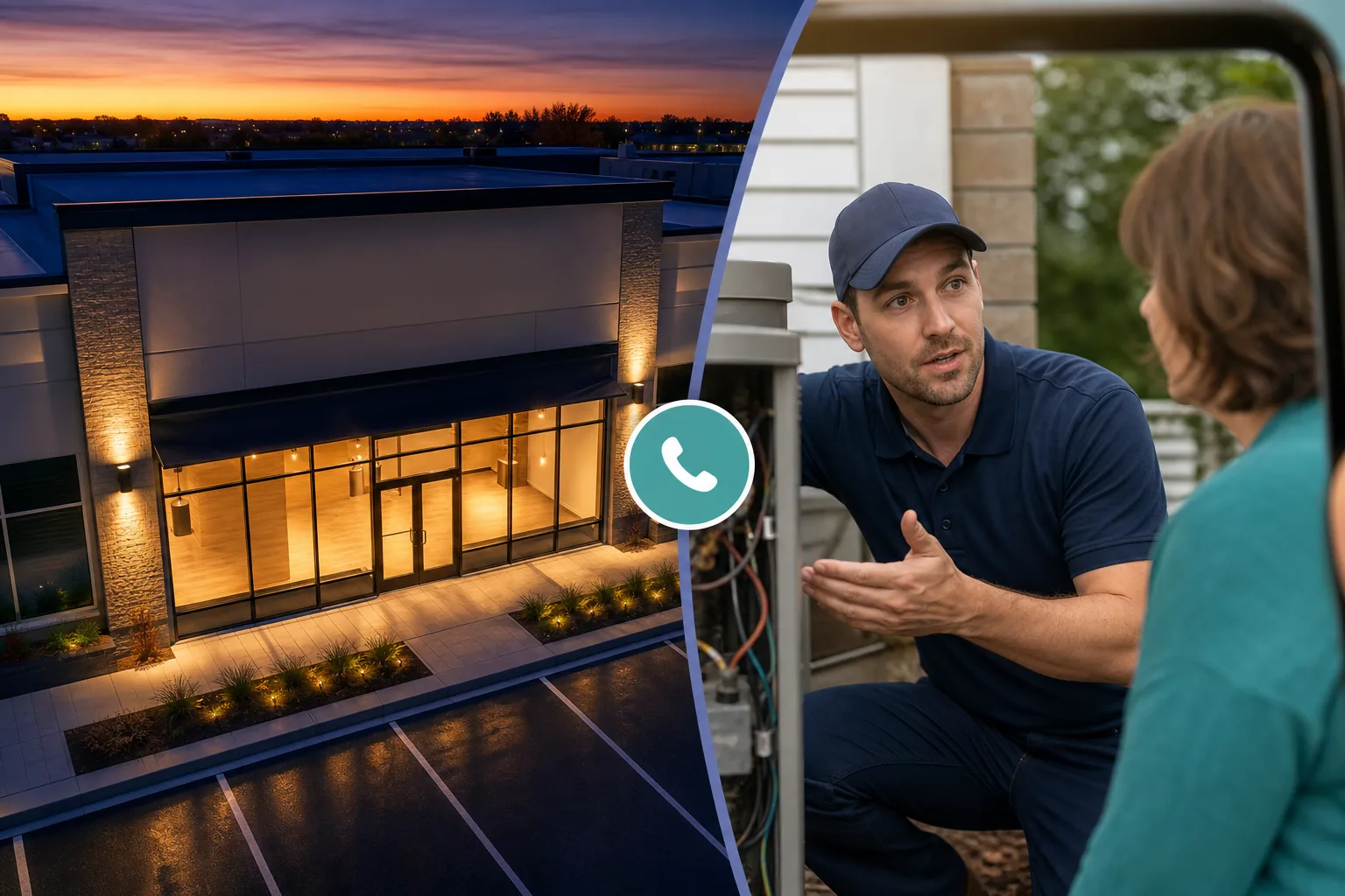 Split scene of a cinematic empty storefront versus a handheld phone video of a real technician explaining a repair to a homeowner