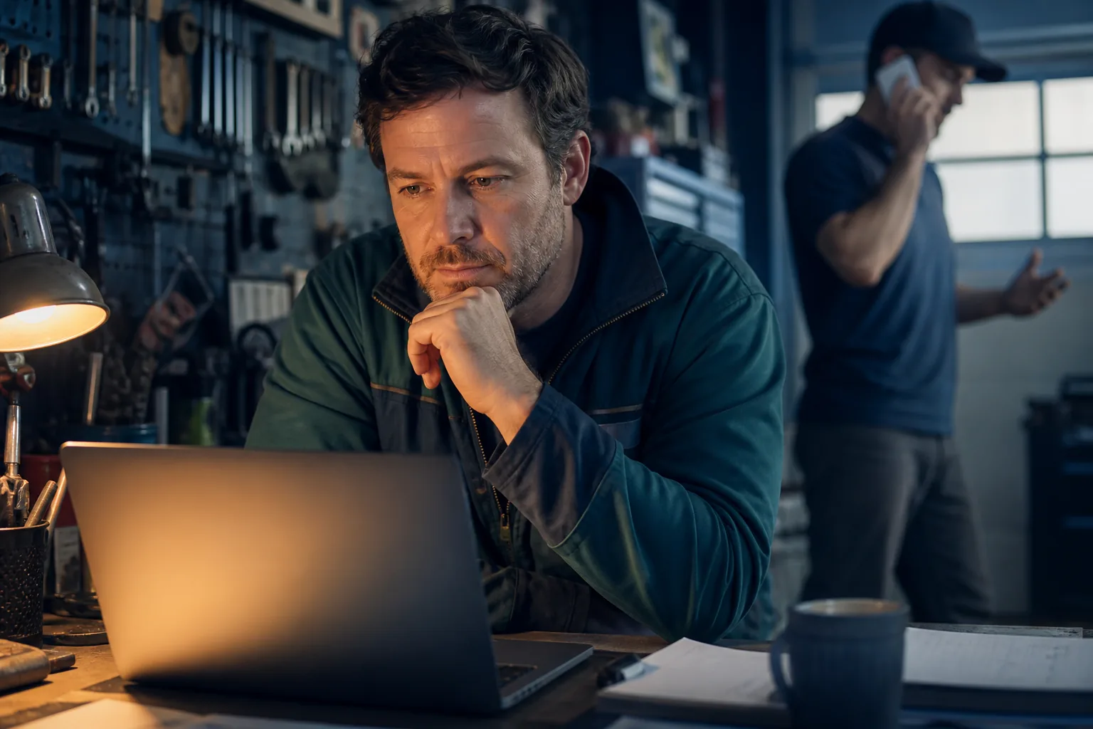 Service-business owner watching a glossy brand video on a laptop while a customer on a phone in the background hangs up without booking
